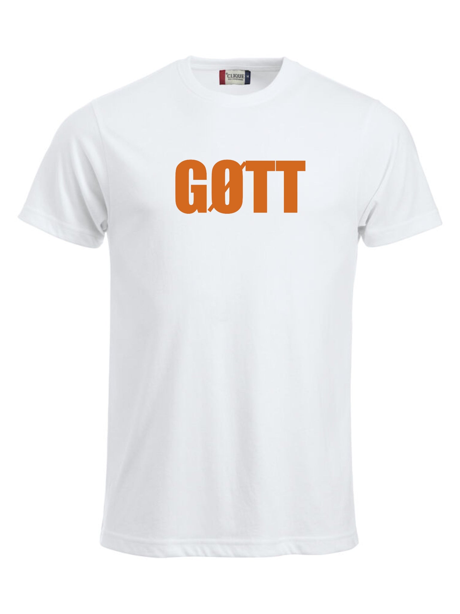 Hvit t-skjorte med ordet GØTT på