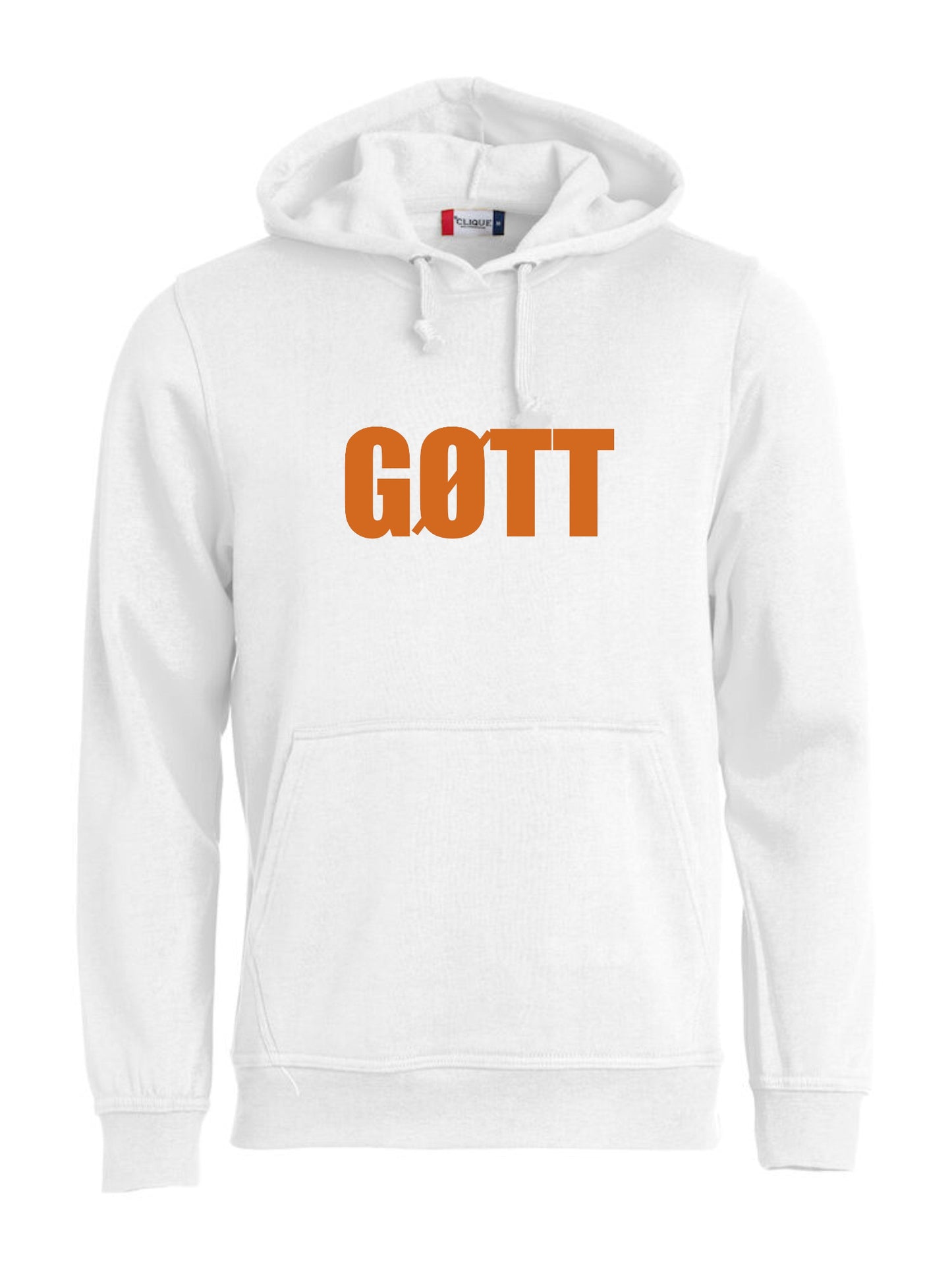 hvit hettegenser med ordet gøtt.