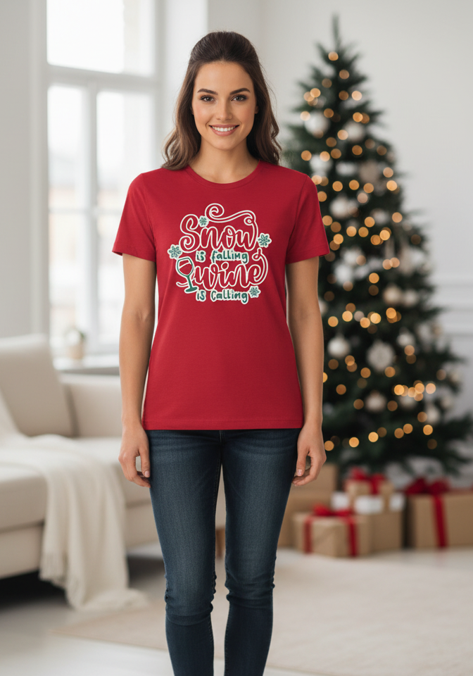 SNOW IS FALLING, WINE IS CALLING - T-SKJORTE - dame